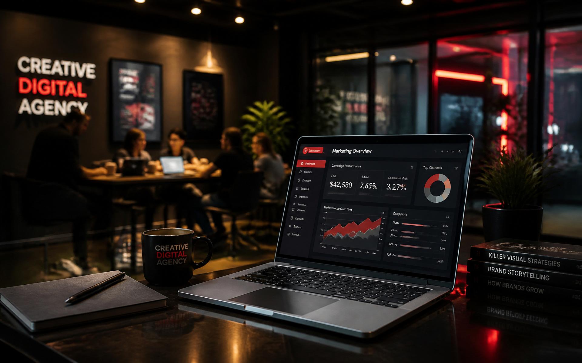 Creative digital agency workspace with marketing dashboard